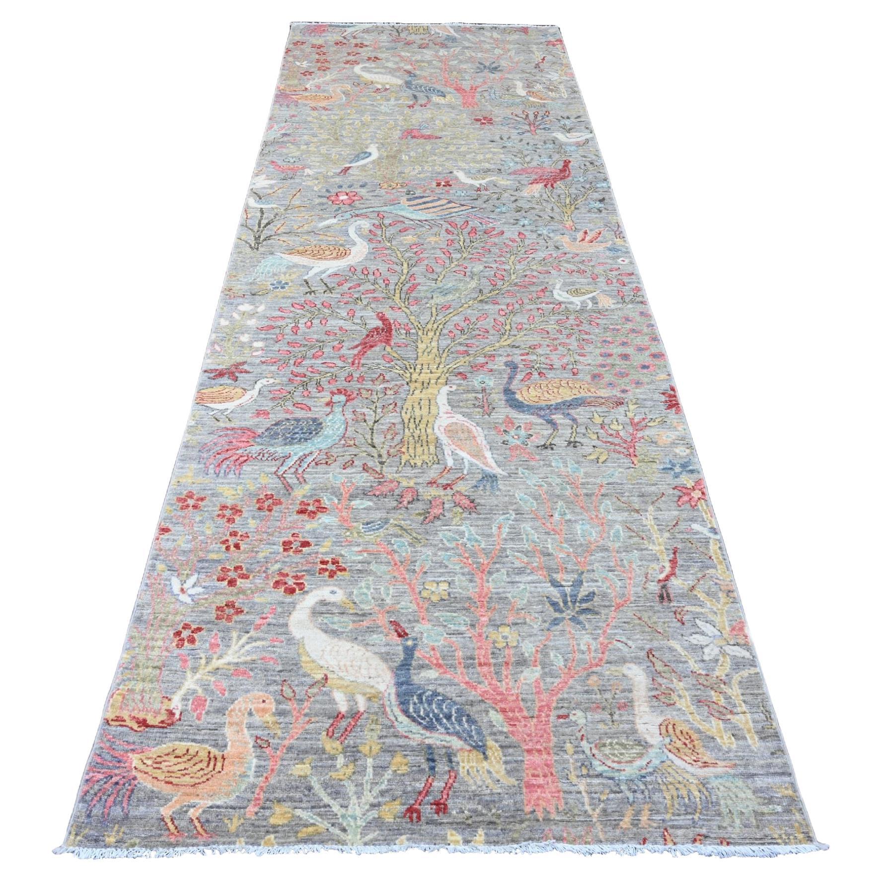 3'10"x11'2" Medium Gray Afghan Peshawar Bird Design Hand Knotted Wool Runner Rug