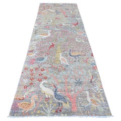 3'10"x11'2" Moyen tapis de course en laine afghane Peshawar gris à motif d'oiseaux noués à la main