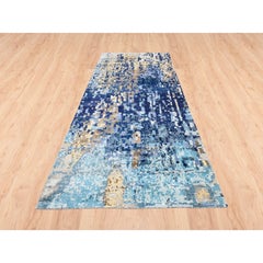 3'10"x11'8" Hand Knotted Blue Mosaic Design Wool and Silk Oriental Runner Rug
