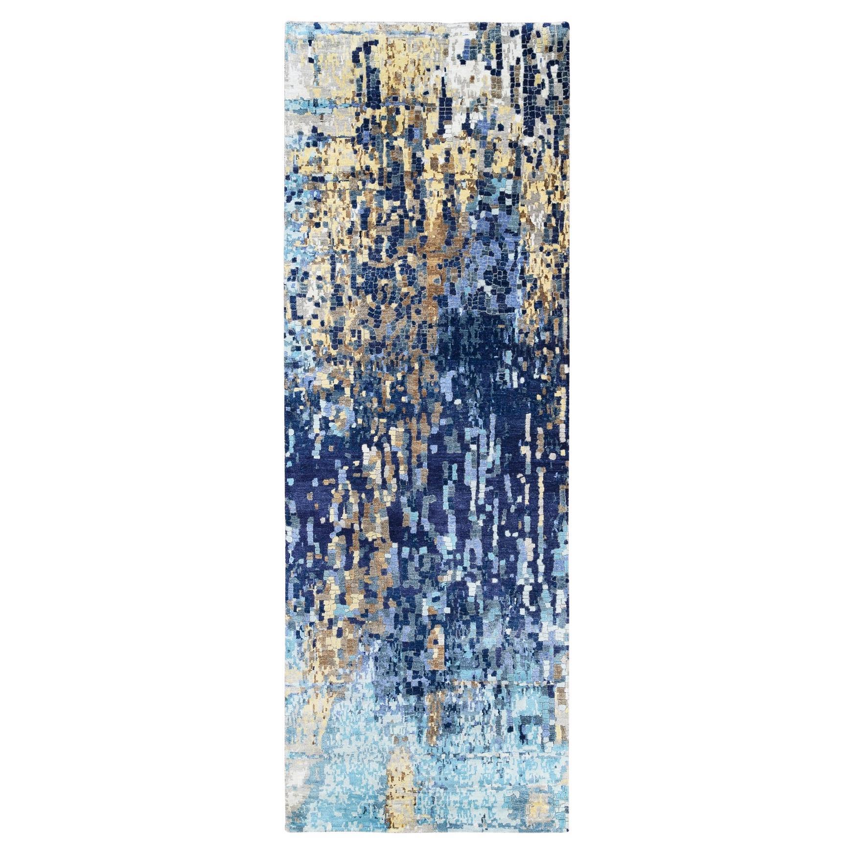 3'10 "x11'8" Handgeknüpftes Blaues Mosaik Design Wolle und Seide Orientalischer Läufer Teppich