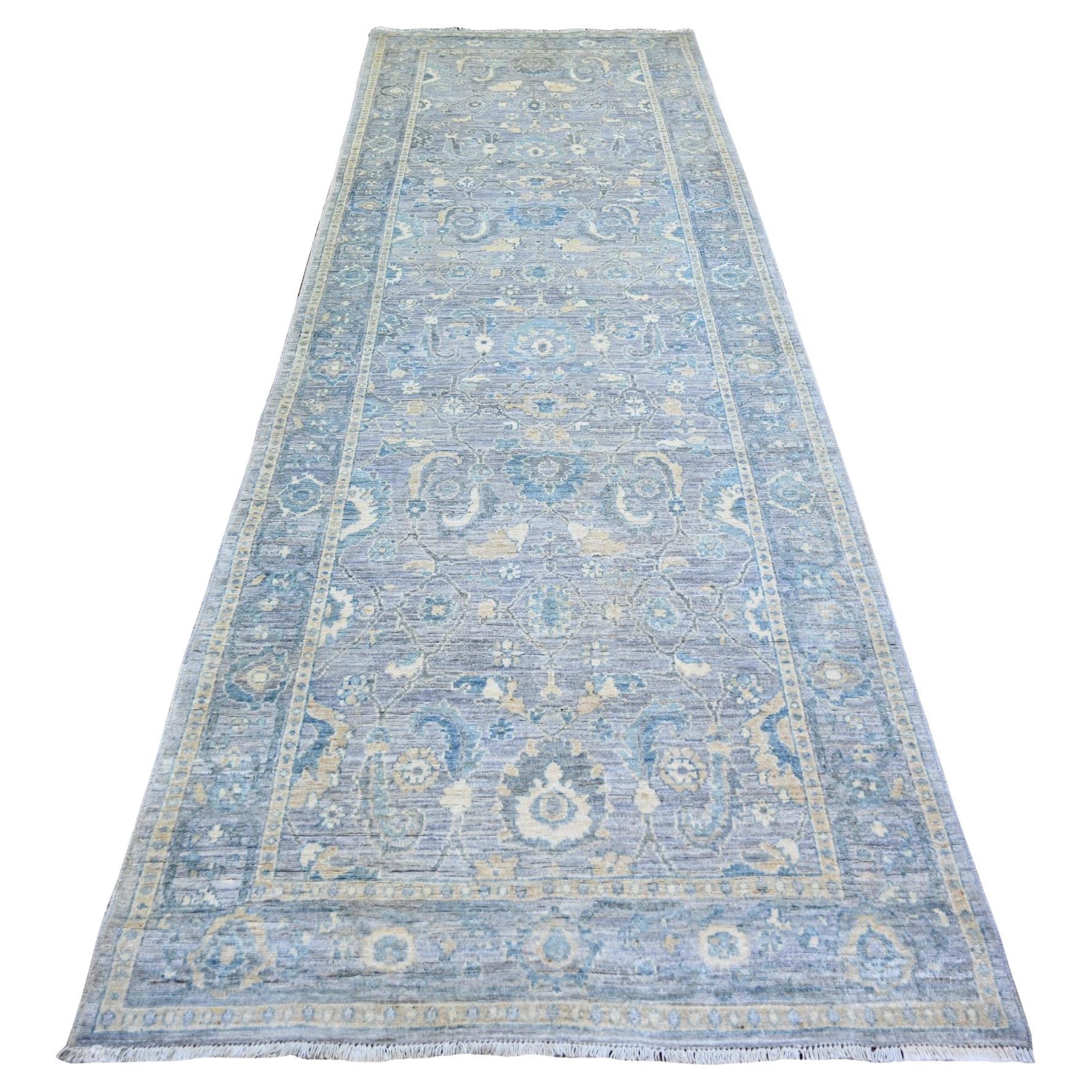 3'10 "x11'9" Wolke Grau Feiner Peshawar Wolle Handgeknüpft Orientteppich