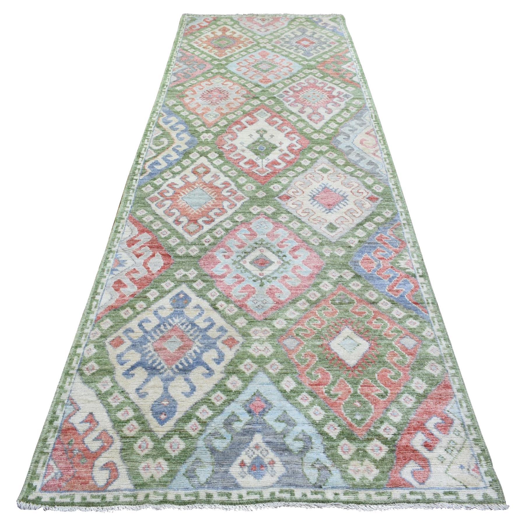3'10"x12' Colorful Inspired Large Elements Hand Knotted Wool Runner Rug For Sale
