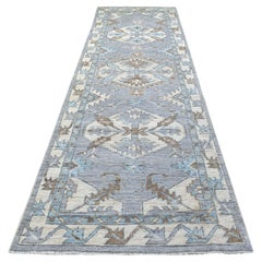 3'10"x12'1" Gray Geometric Anatolian Inspired Angora Oushak Hand Knotted Wool