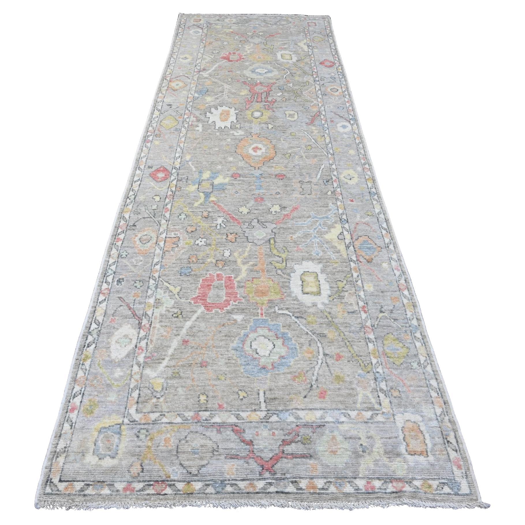 3'10 "x12'1" Gray Hand Knotted Afghan Angora Oushak Leaf Design Wool Runner Rugs (Tappeto da corsa in lana annodato a mano)