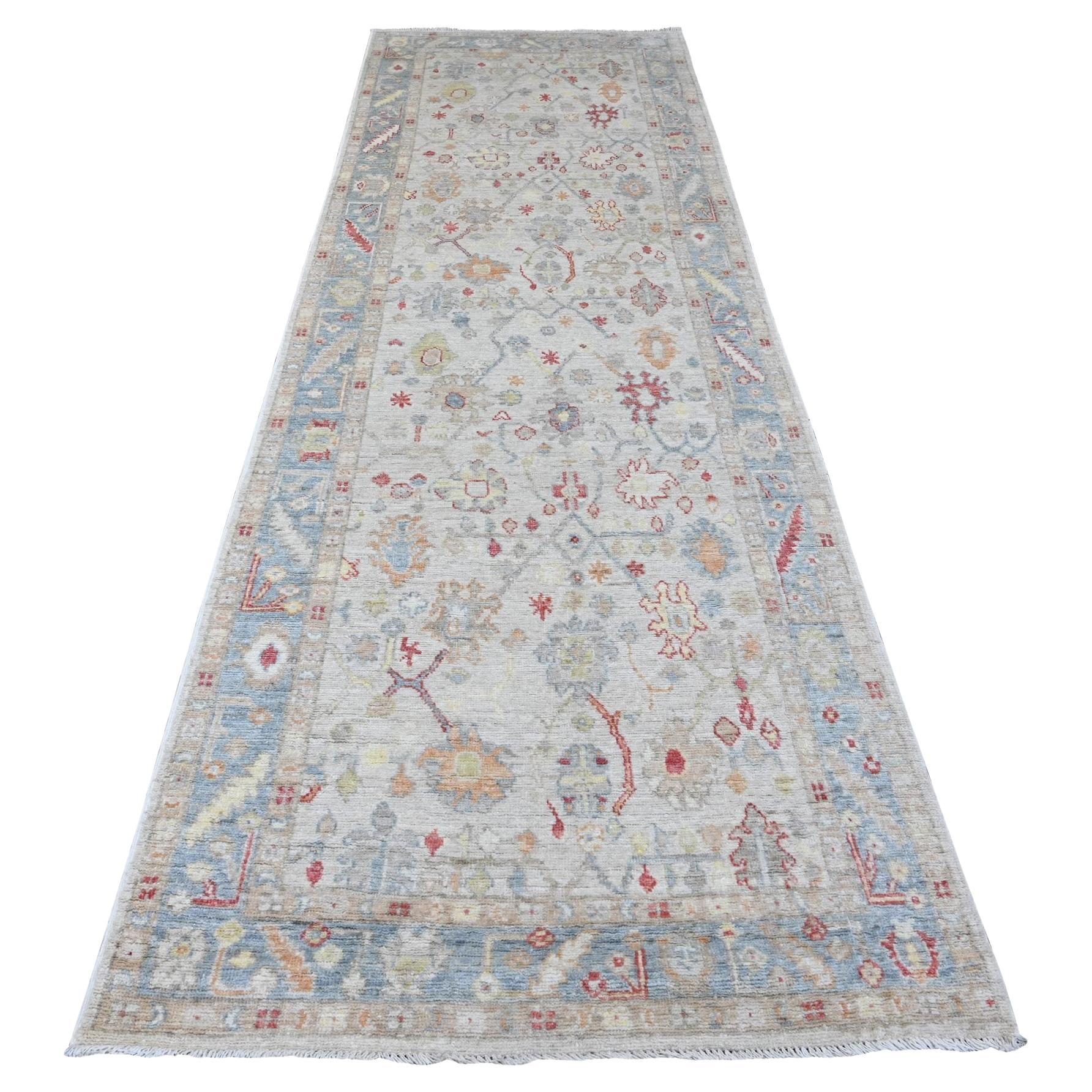 3'10"x12'3" White Afghan Angora Oushak Leaf Design Hand Knotted Wool Runner Rug