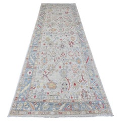 Tappeto Runner in lana annodato a mano 3'10 "x12'3" Bianco Afgano Angora Oushak Leaf Design