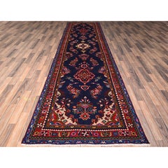 3'10"x14' Navy Blue New Persian Hamadan Hand Knotted Soft Wool Runner Rug