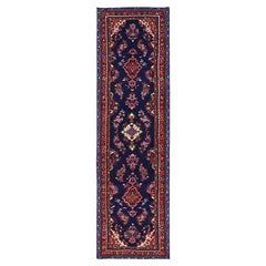 3'10"x14' Navy Blue New Persian Hamadan Hand Knotted Soft Wool Runner Rug