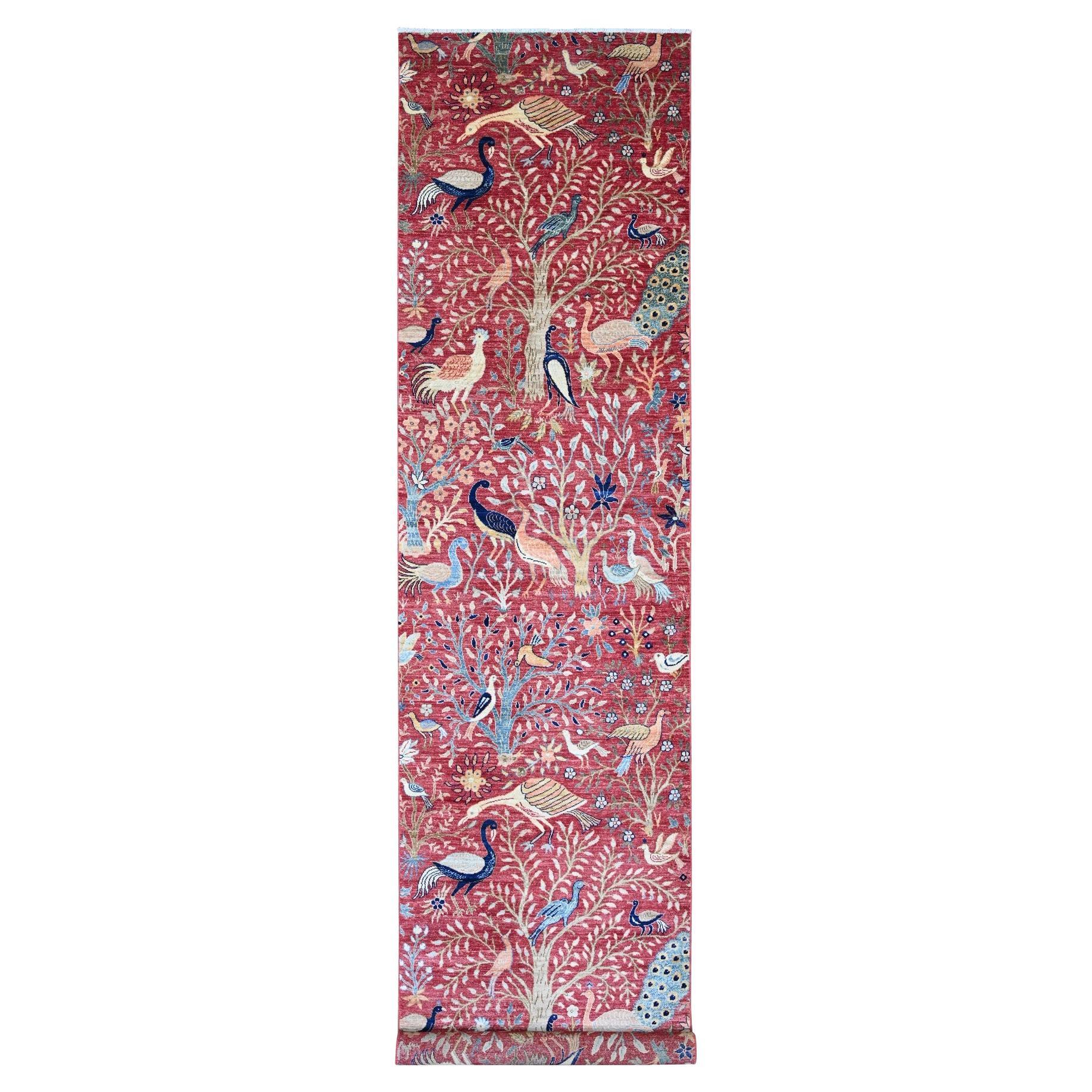 3'10 "x16'2" Tapis de course en laine nouée à la main Red Peshawar Birds of Paradise Design