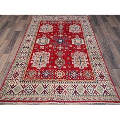 3'10"x5'10" Arsenal Red Kazak with All Over Tribal Motifs Hand Knotted Wool Rug
