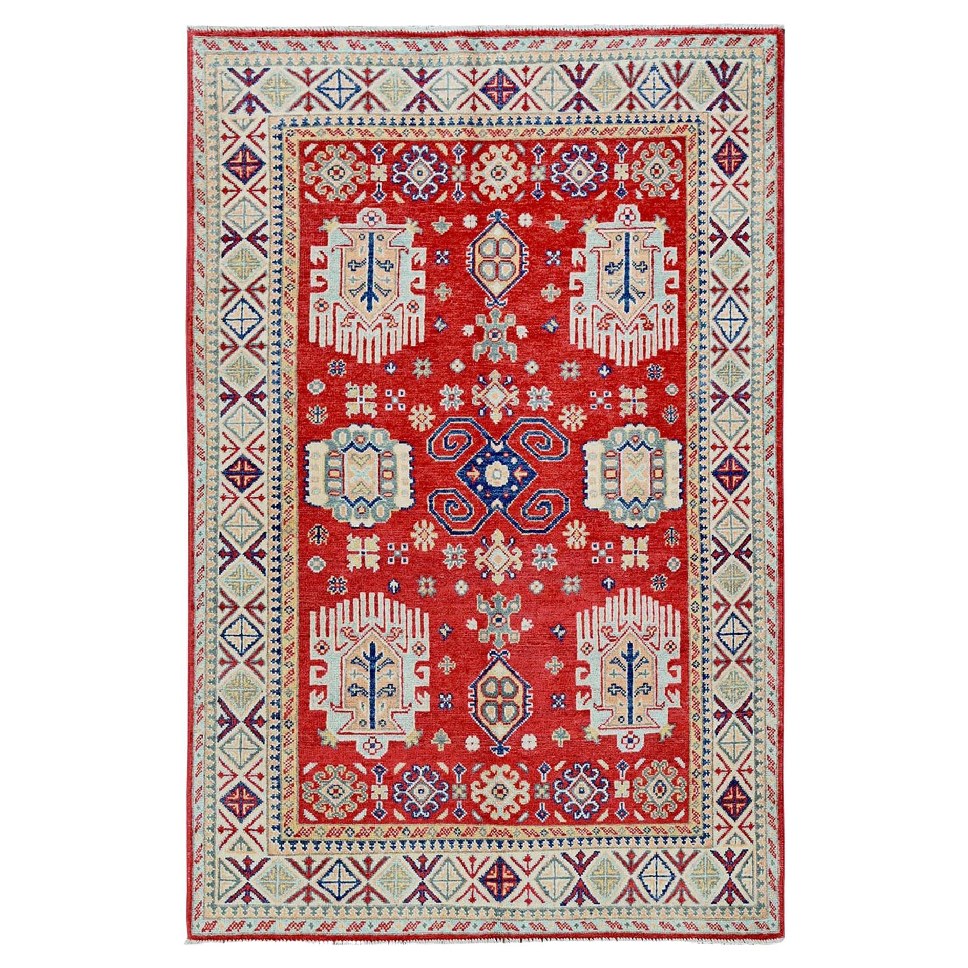 3'10"x5'10" Arsenal Red Kazak with All Over Tribal Motifs Hand Knotted Wool Rug For Sale