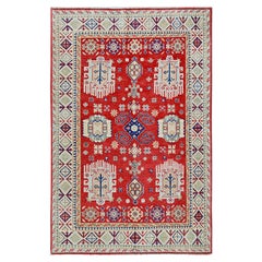 3'10"x5'10" Arsenal Red Kazak with All Over Tribal Motifs Hand Knotted Wool Rug