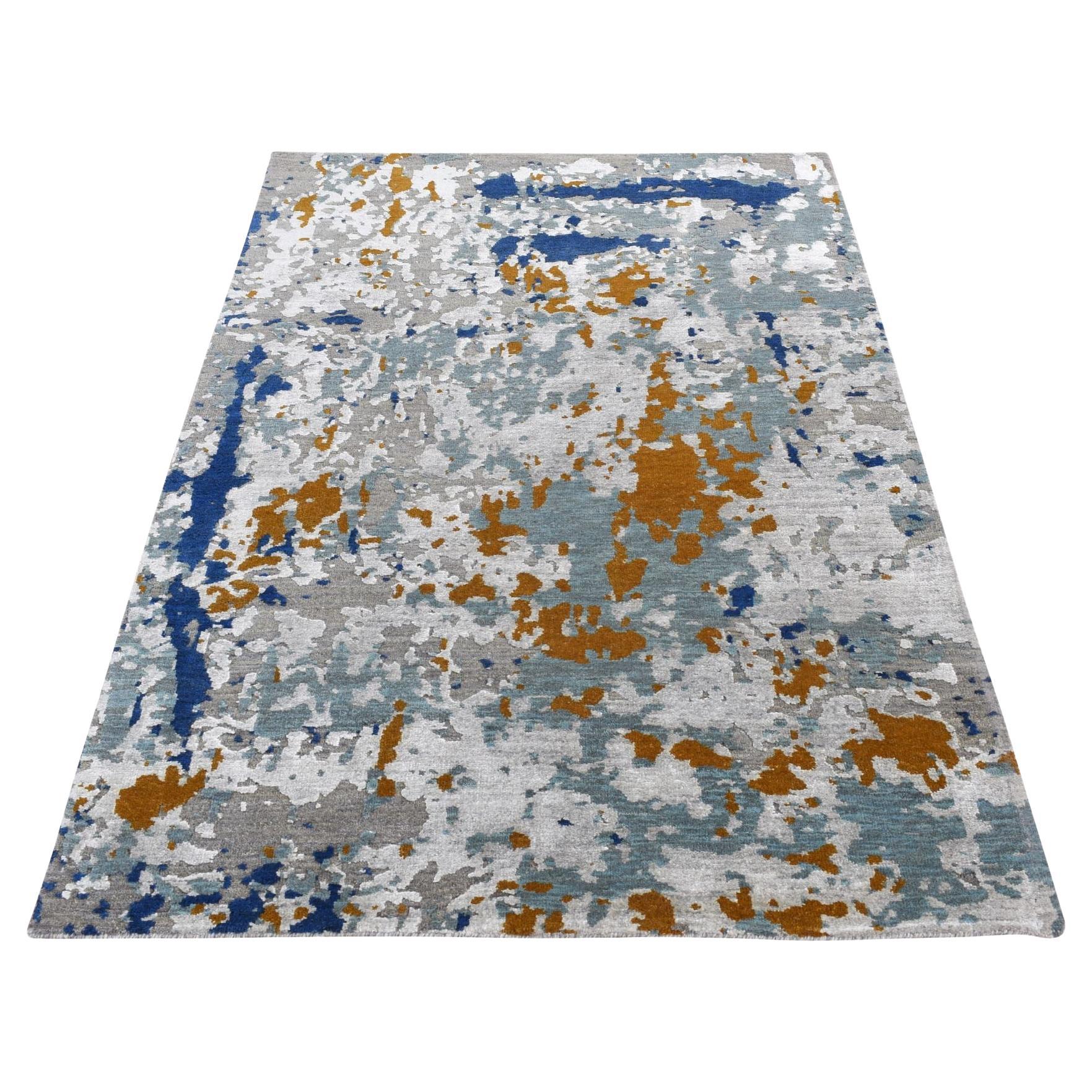 3'10"x5'10" Battleship Gray Abstract Design Wool and Silk Hand Knotted Rug