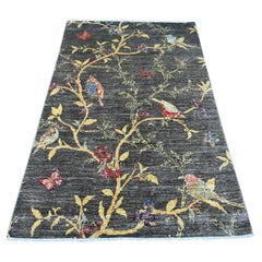 3'10"x5'10" Charcoal Gray Sparrows on the Tree Peshawar Hand Knotted Wool Rug