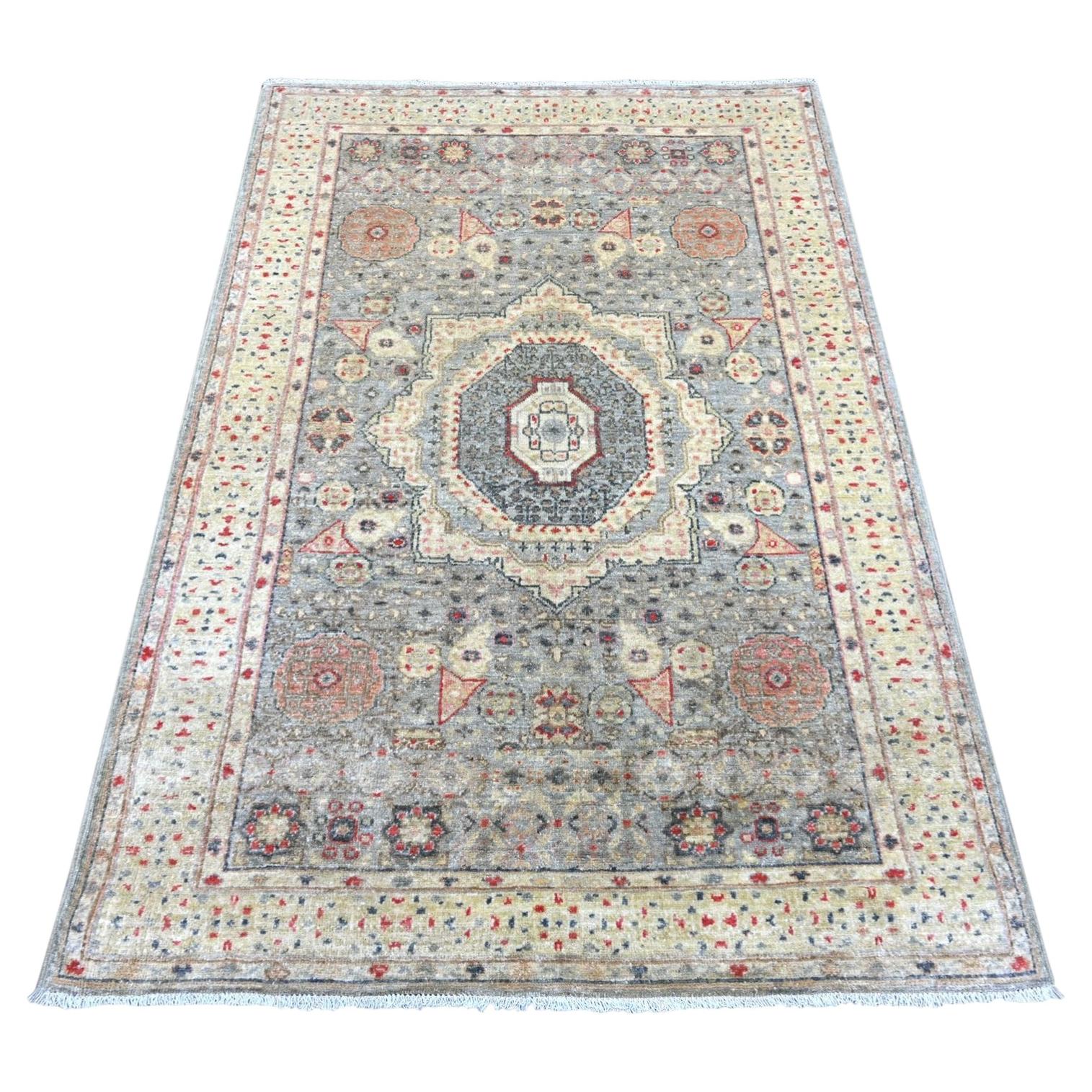 3'10"x5'10" Misty Gray 14th Century Mamluk Dynasty Pattern Hand Knotted Wool Rug