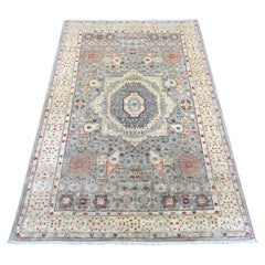 3'10 "x5'10" Alfombra de lana anudada a mano con motivos de la dinastía mameluca del siglo XIV, gris brumoso