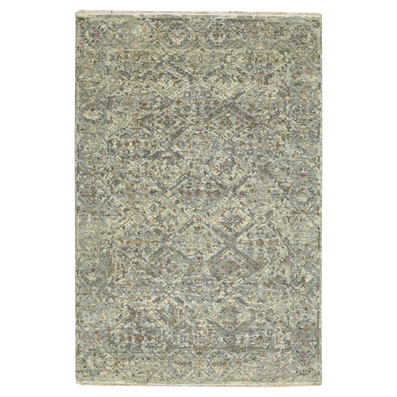 3
10"x5
10" Stone Gray Antique Finish Broken Garden Design Hand Knotted Wool Rug For Sale
