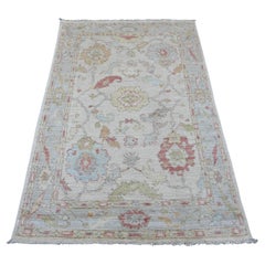 3'10"x5'10" White Hand Knotted Afghan Angora Oushak Leaf Design Pure Wool Rug