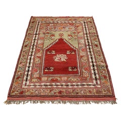 3'10"x5'4" Pompeain Red Hand Knotted Antique Bergama Prayer RugWool Oriental Rug