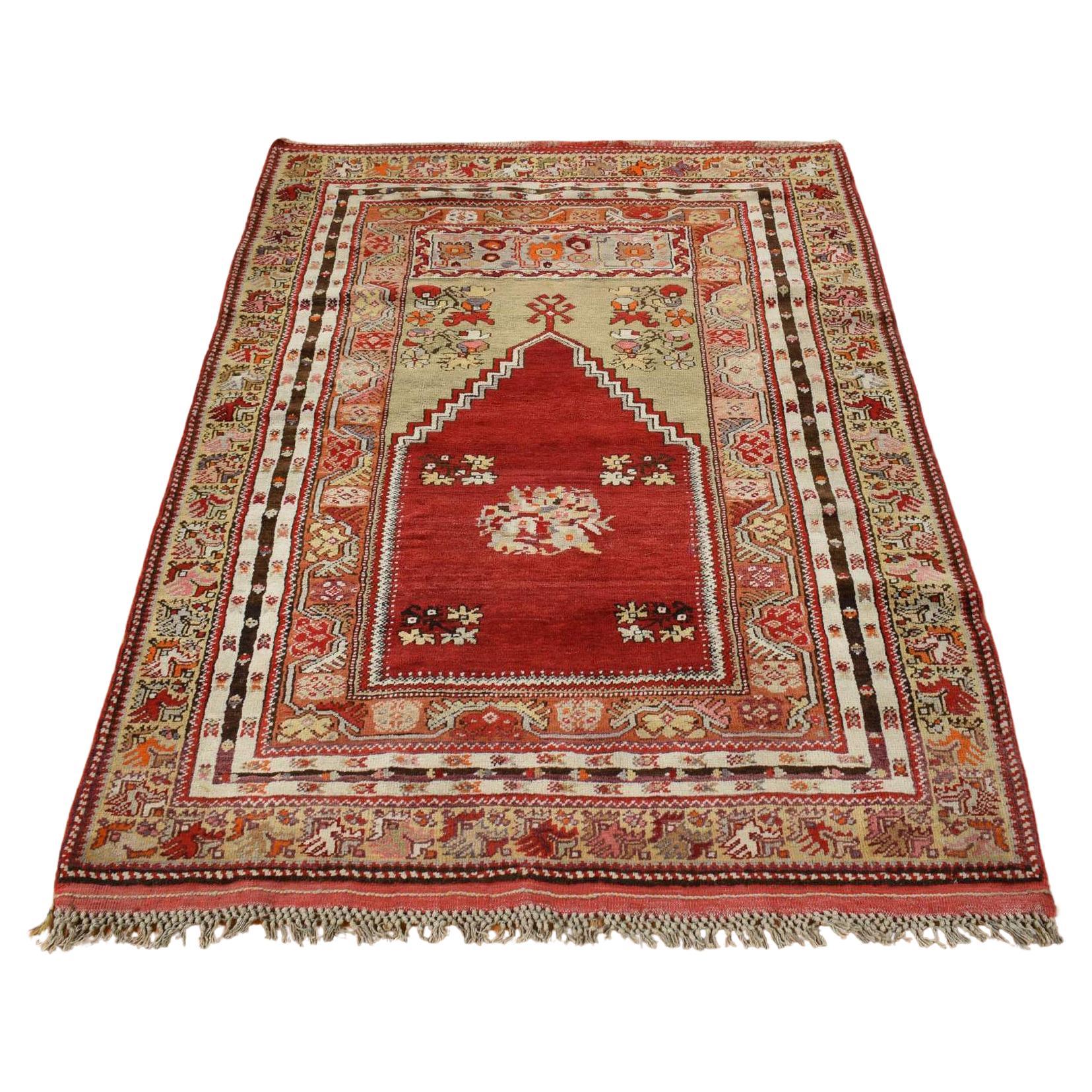 3'10"x5'4" Pompeain Red Hand Knotted Antique Bergama Prayer Wool Oriental Rug For Sale