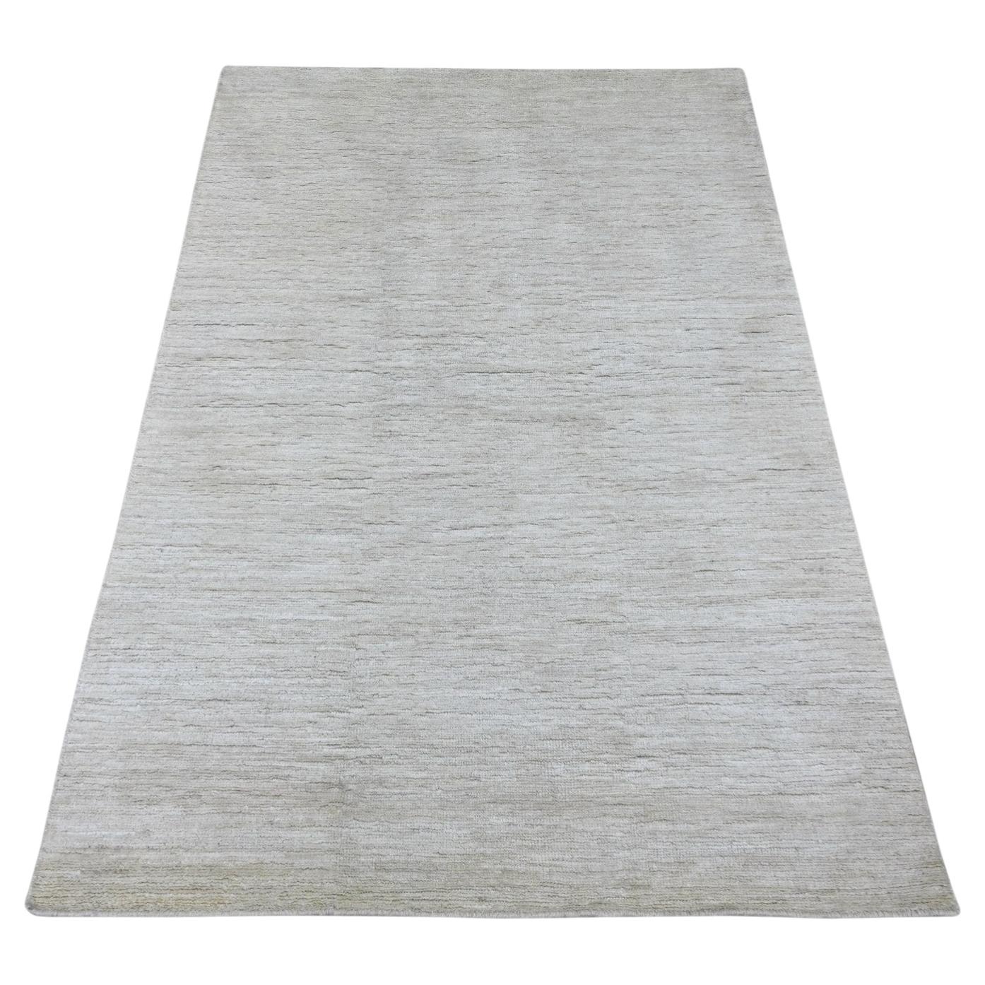 3'10"x5'7" Ivory Plain Solid Pattern Hand Knotted Hand Spun Ghazni Wool Rug For Sale