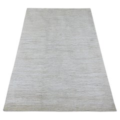 3'10"x5'7" Ivory Plain Solid Pattern Hand Knotted Hand Spun Ghazni Wool Rug