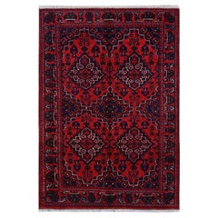 3'10 "x5'7" Tapis en laine rouge Afghan Khamyab avec design géométrique noué à la main