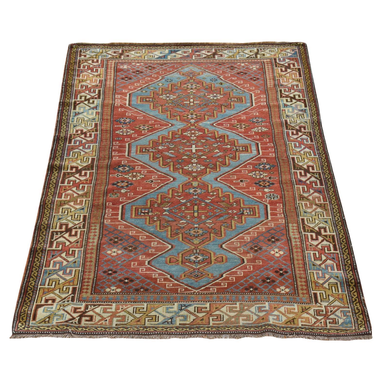 3'10 "x5'7" Rouge Antique Caucasien Kazak Design Géométrique Laine Noué à la Main