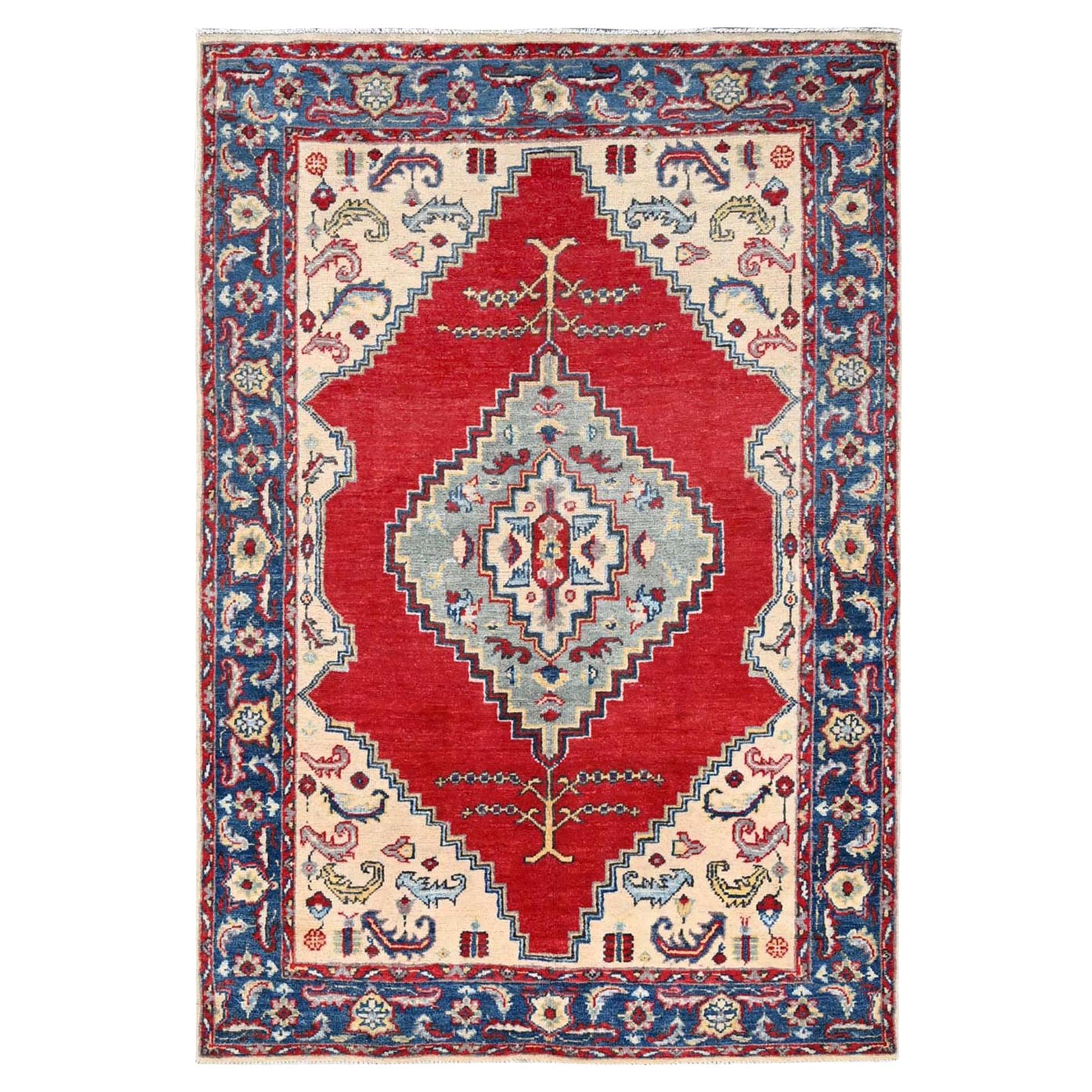 3'10"x5'8" Snowbound White Hand Knotted Kazak Densely Woven Wool Oriental Rug