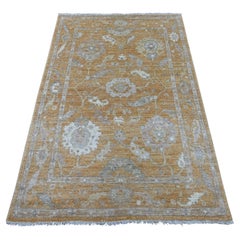 3'10"x5'9" Golden Brown Hand Knotted Pure Wool Afghan Angora Oushak Oriental Rug