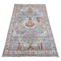 3'10 "x5'9" Peshawar grigio annodato a mano con design geometrico a foglie in pura lana