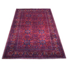 3'10"x5'9" Saturated Red with Blue Afghan Khamyab Hand Knotted Wool Rug