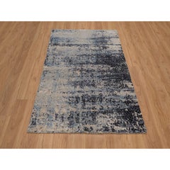 3'10"x6' Blue-Gray Modern Abstract Design Hand Knotted Wool & Silk Oriental Rug