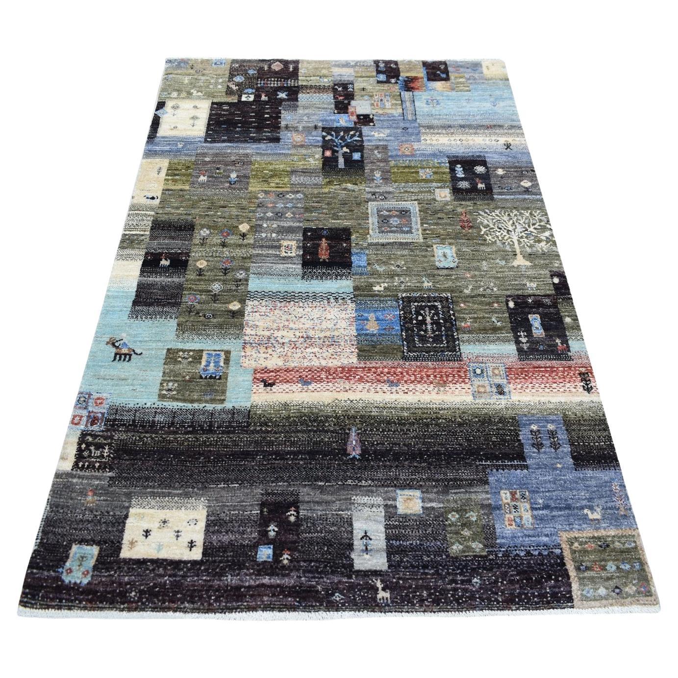 3'10"x6' Colorful Afghan Kashkuli Gabbeh Pictorial Design Hand Knotted Wool Rug