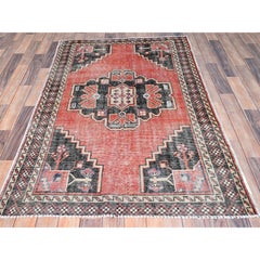 3'10"x6' Koralle Rot Vintage Persischer Heriz Handgeknüpfter, getragener Daunener reiner Wollteppich