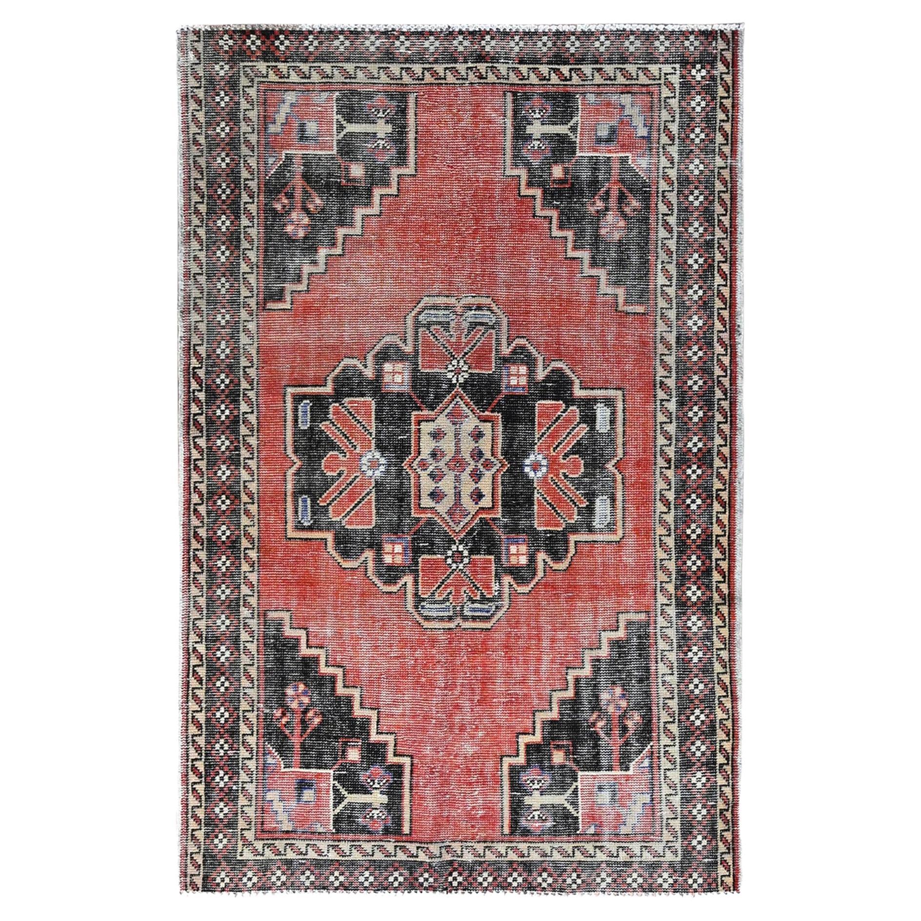 3'10"x6' Coral Red Vintage Persian Heriz Hand Knotted Worn Down Pure Wool Rug