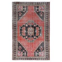 3'10"x6' Coral Red Vintage Persian Heriz Hand Knotted Worn Down Pure Wool Rug