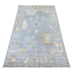 3'10"x6' Flint Gray Hand Knotted Afghan Angora Oushak Leaf Design Pure Wool Rug