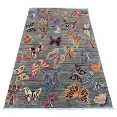 3'10"x6' Gray Afghan Peshawar Butterfly Design Hand Knotted Wool Oriental Rug