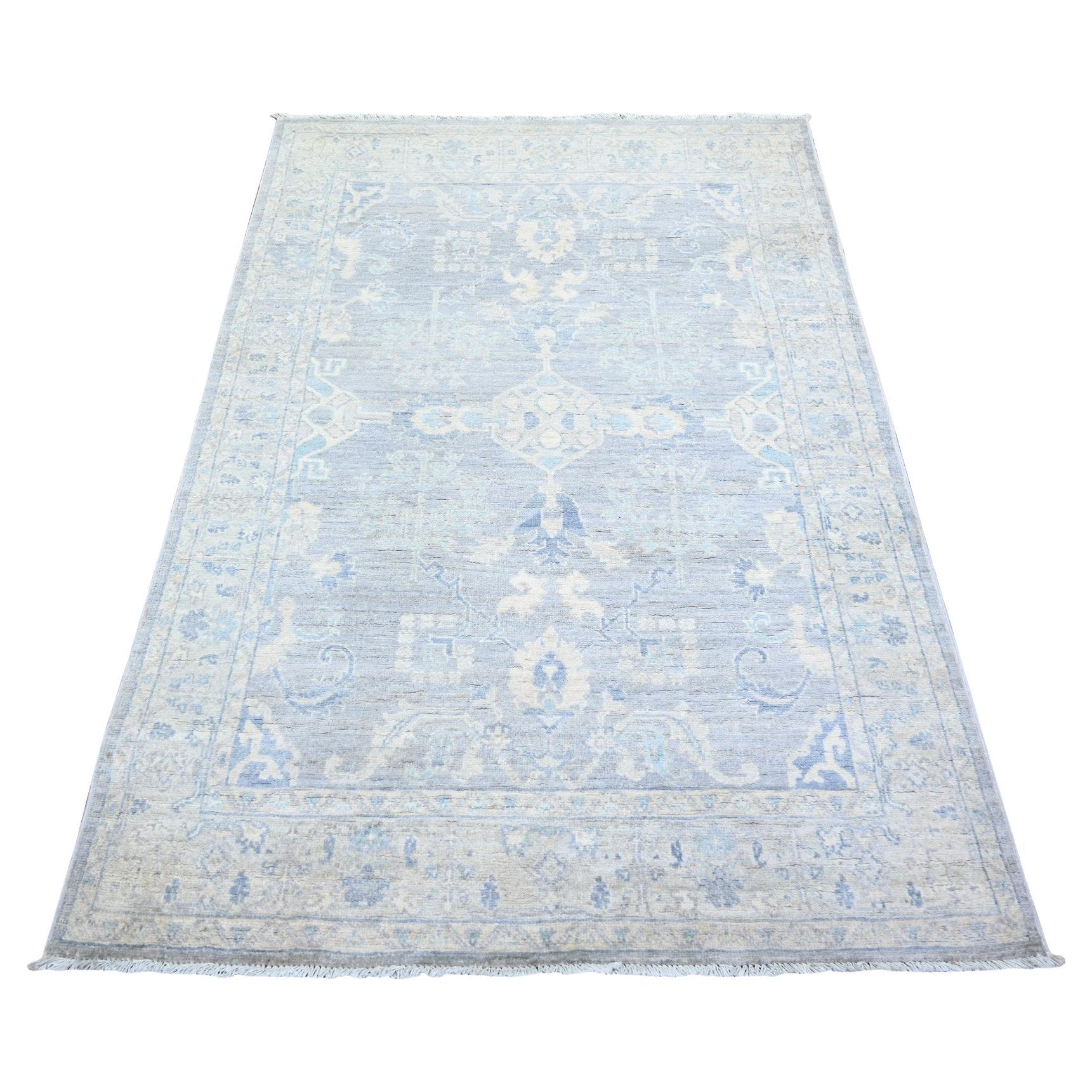 3'10"x6' Gray Stone Washed Peshawar Soft Wool Hand Knotted Rug