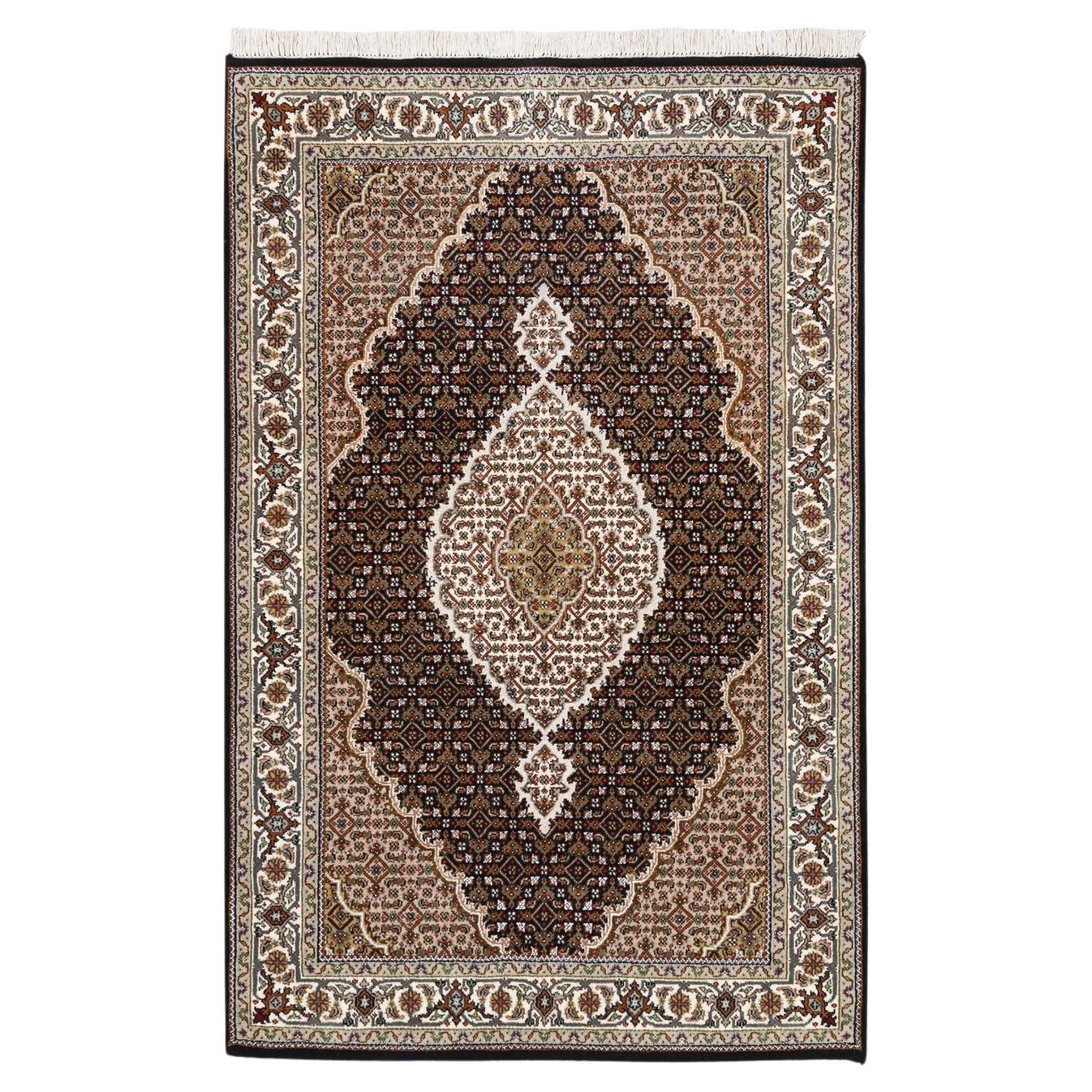 3
10"x6
Hand Knotted Black Tabriz Mahi Fish Medallion Design Wool Rug