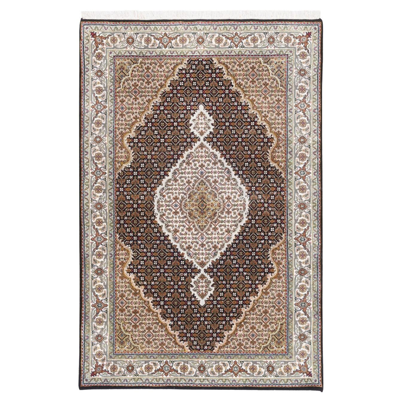 3
10"x6
Hand Knotted Black Tabriz Mahi Fish Medallion Design Wool Rug