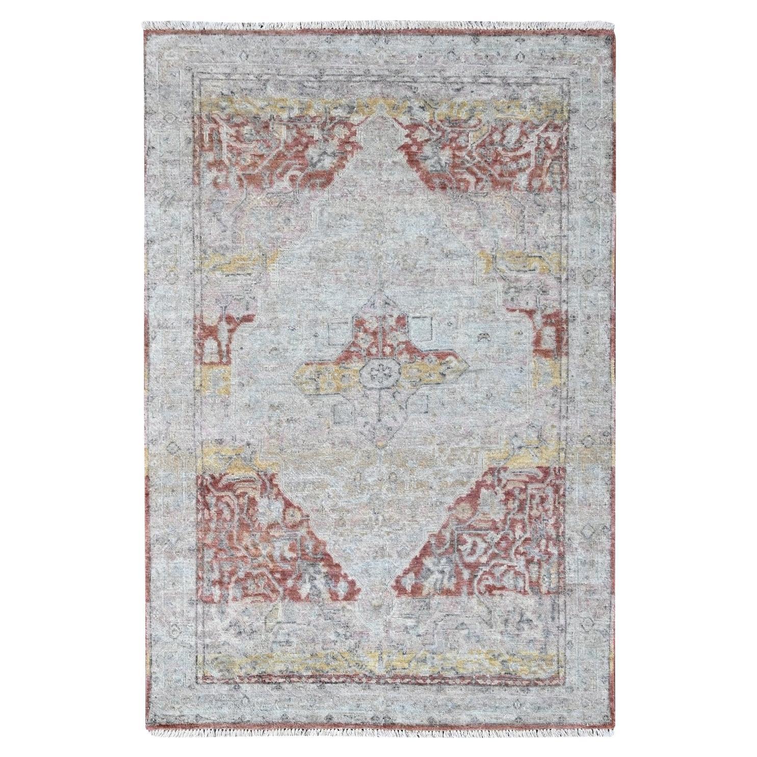 3'10"x6' Ivory Pure Wool Ziegler Mahal with Medallion Design Hand Knotted Rug