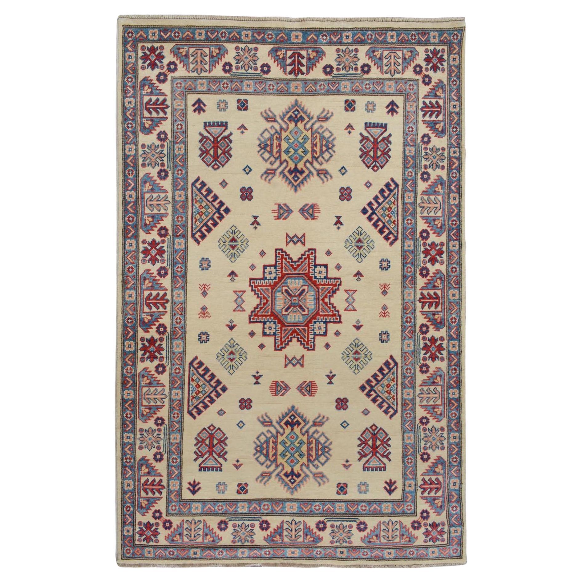 3'10"x6' Ivory Special Kazak Geometric Design Wool Hand Knotted Oriental Rug
