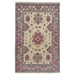 3'10"x6' Ivory Special Kazak Geometric Design Wool Hand Knotted Oriental Rug