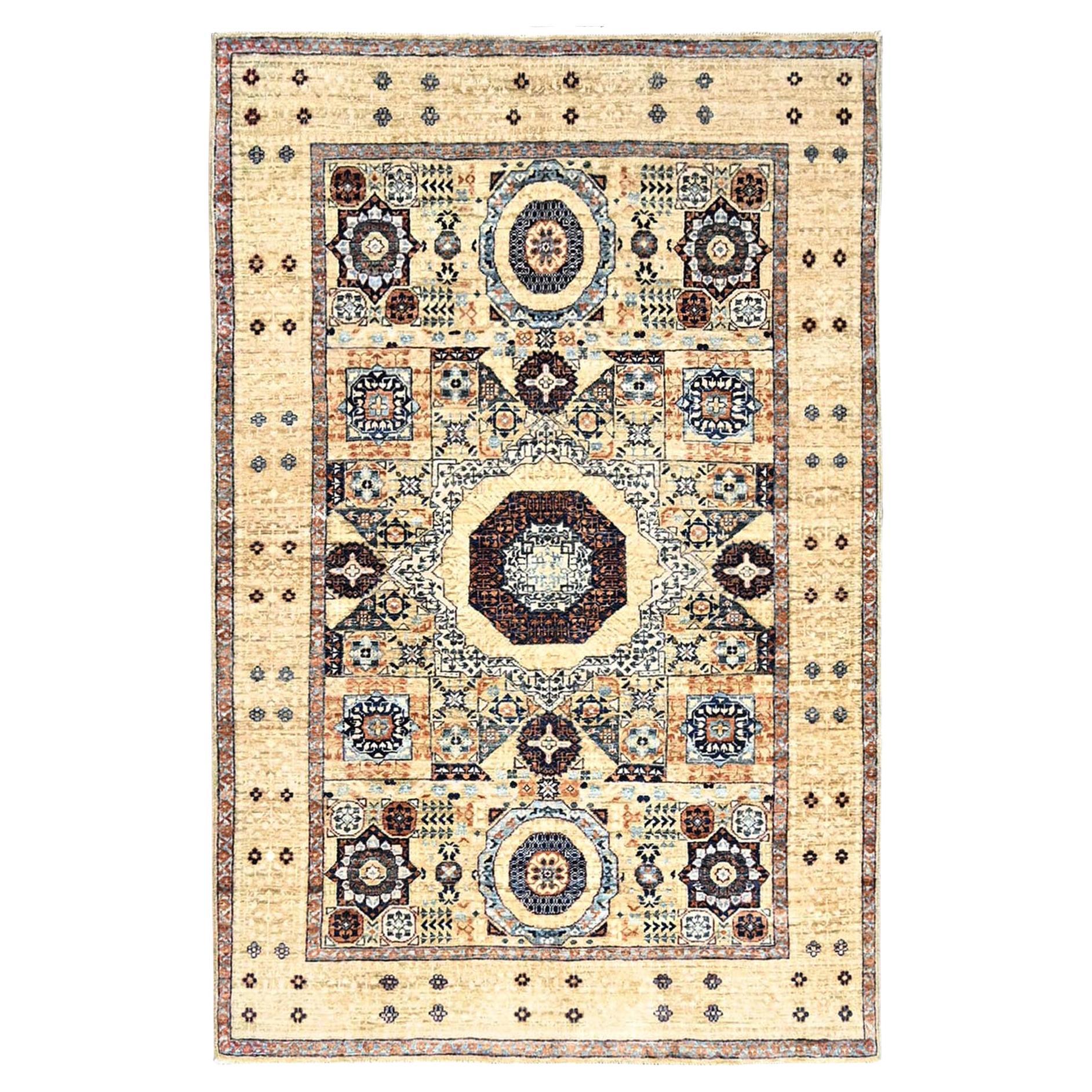 3'10 "x6' Tapis d'Orient en laine blanche nouée à la main et au design Mamluke