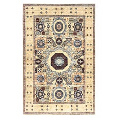3'10"x6' White Soft Wool Hand Knotted Mamluk Design Oriental Rug