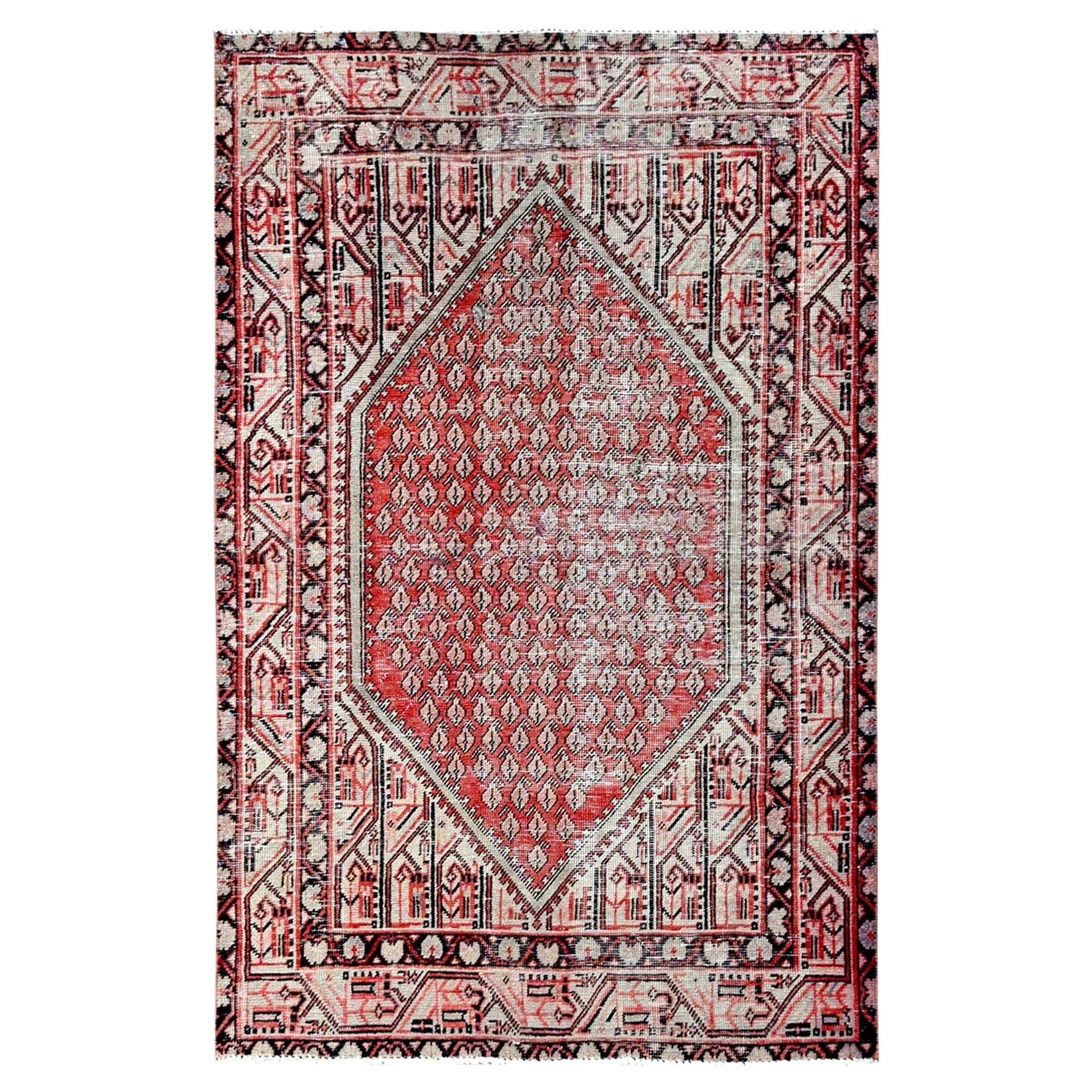 3'10"x6'1" Ajax Red Vintage Persian Sarouk Mir Hand Knotted Wool Oriental Rug