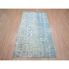 3'10"x6'1" Aqua Blue Farsian Knot Abstract Galaxy Design Wool Hand Knotted Rug