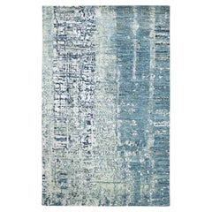 3'10"x6'1" Aqua Blue Farsian Knot Abstract Galaxy Design Wool Hand Knotted Rug